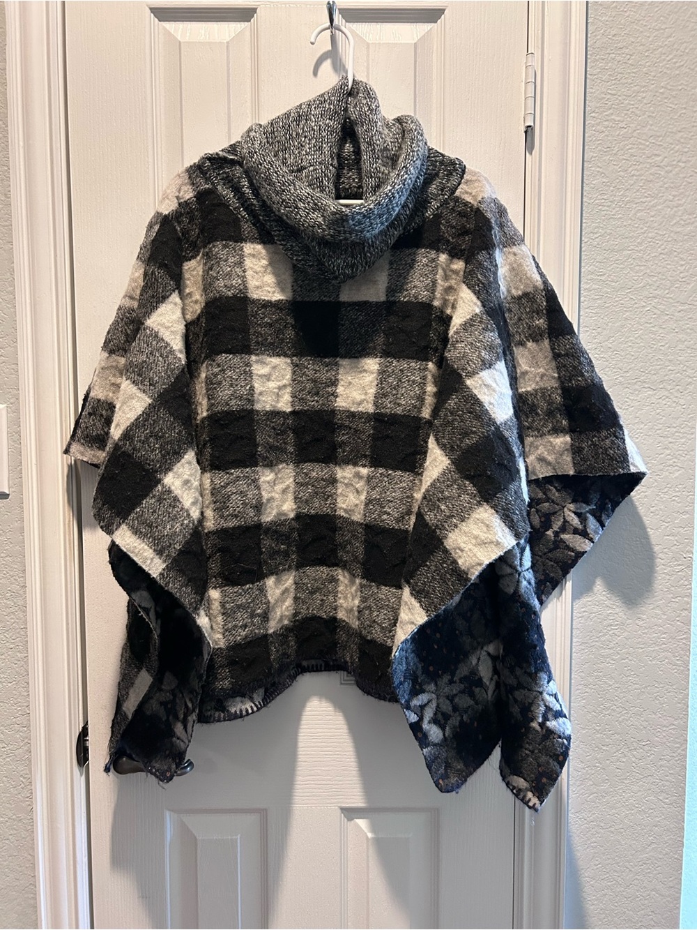 Anthropologie Black & White Plaid Cowl Neck Poncho; 100% wool